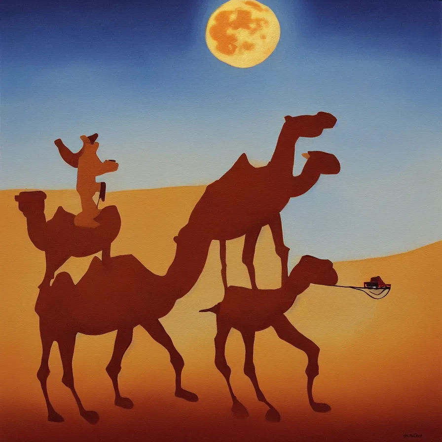 Prompt: “In cubistic style, an oil painting of a camel pulling a red tractor through the desert at night. There is a full moon ”