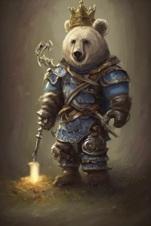 Image similar to cute little anthropomorphic bear knight wearing a cape and a crown, tiny, small, miniature bear, baby animal, short, pale blue armor, cute and adorable, pretty, beautiful, DnD character art portrait, matte fantasy painting, DeviantArt Artstation, by Jason Felix by Steve Argyle by Tyler Jacobson by Peter Mohrbacher, cinematic lighting