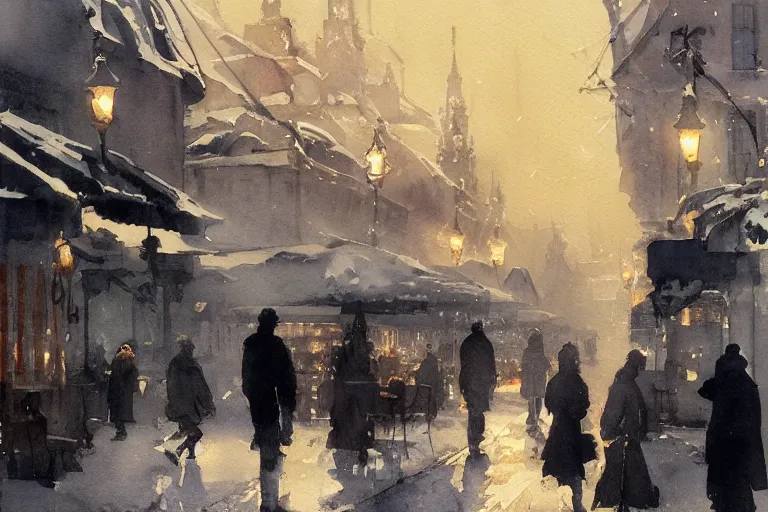 Prompt: abstract watercolor painting of stockholm street, winter, magical and traditional, cinematic light, cafe, sharp shadows, daylight, national romanticism by anders zorn, by greg rutkowski, by greg manchess