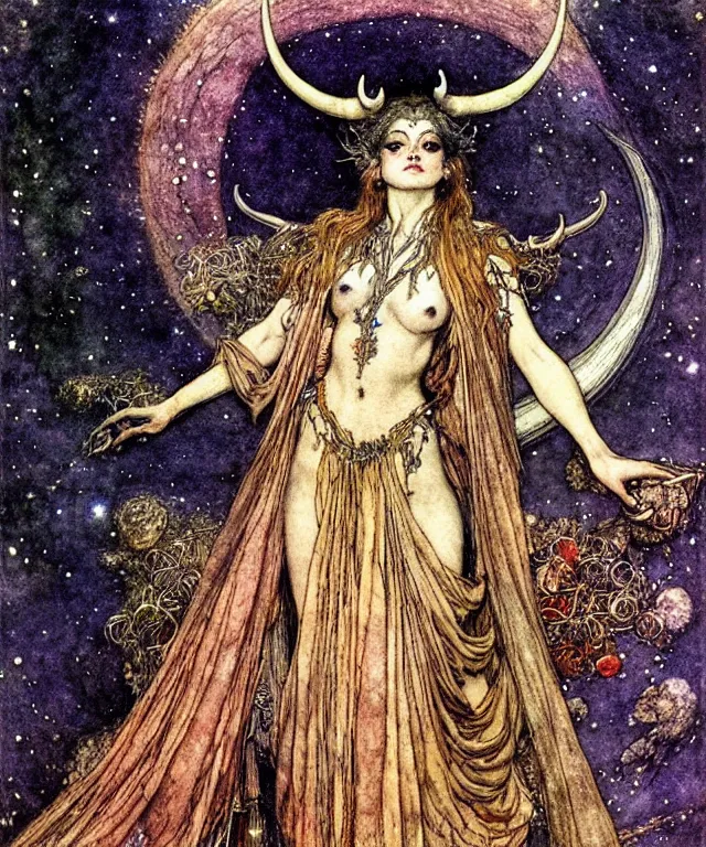 Prompt: A detailed beautiful horned Goddess stands among the cosmos. Wearing a ripped mantle-robe in cosmic texture. Stars. Perfect faces, extremely high details, realistic, fantasy art, solo, masterpiece, colorful vibrant art by Arthur Rackham, Eugene de Blaas