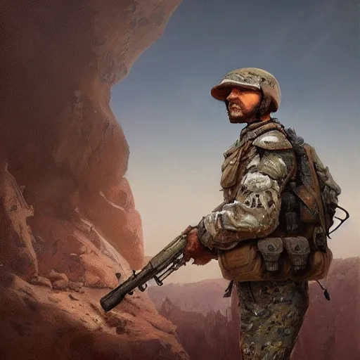 Prompt: desertpunk realism portrait face head eyes nose ears hat Corporal Marshall stands in full military regalia whilst wearing a tactical backpack anna podedworna arkhip kuindzhi raphael lacoste guillem h. pongiluppi grisaille