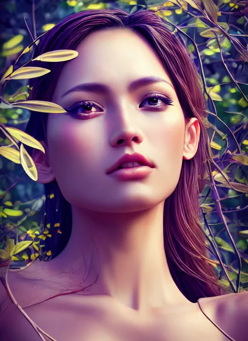 Image similar to photo of a gorgeous female with 3 eyes in the style of stefan kostic, realistic, half body shot, sharp focus, 8 k high definition, insanely detailed, intricate, elegant, art by stanley lau and artgerm, extreme bokeh light spring foliage