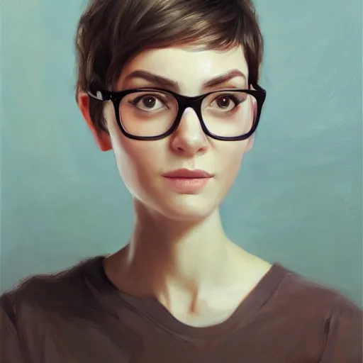 Prompt: Portrait of a woman wearing glasses, short hair, by Mandy Jurgens