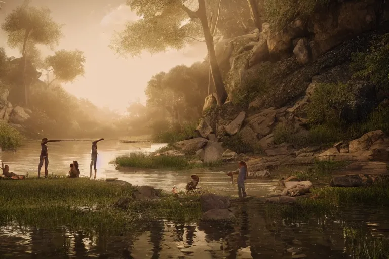 Prompt: shooting a music video on a riverbank, four people are wading in the water, intricate, highly detailed, cinematic, time lapse, uhd 8k, digital art trending on artstation