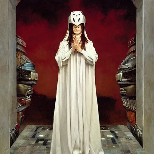 Prompt: portrait of a priestess, wearing all - white clothes, and a red helmet, by gerald brom, donato giancola, and berthold woltze.