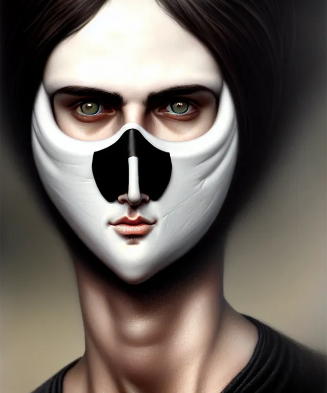 Image similar to white man with black fabric mask, short dark hair, highly detailed face!!!, true anatomy!, extremely detailed!, digital painting, unreal engine 5, art by tom bagshaw