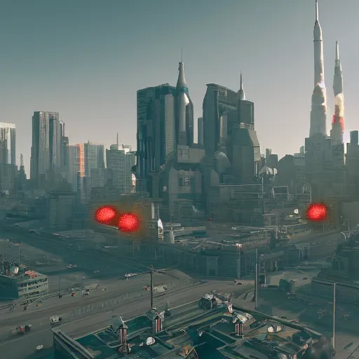 Image similar to SPACE INVADERS game as a city, bustling, rockets, atmospheric, hazy, sweltering, highly detailed, autochrome, 8k, reflections, octane render, unreal engine 5, in the style of Cézanne