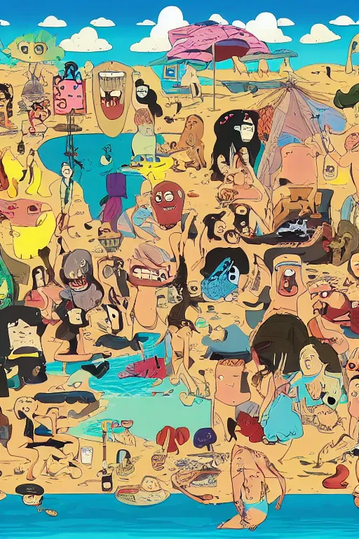 Image similar to beach blanket bingo, body horror, David cronenberg, in the style of Adventure Time