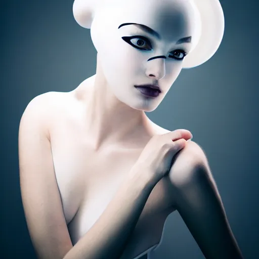 Prompt: high fashion photography of a model in neo futurism white sci - fi makup, a huge white snail on her head, transparent cloth, beautifully lit