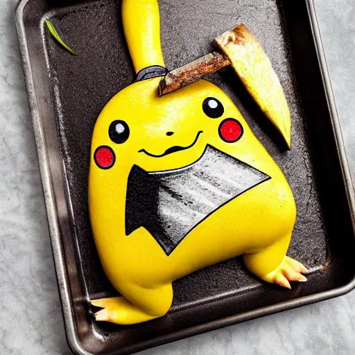 Image similar to roasted spatch pikachu in a baking tray with rosemary and thyme, cooking oil, steam, charred, ready to eat, electric sparks