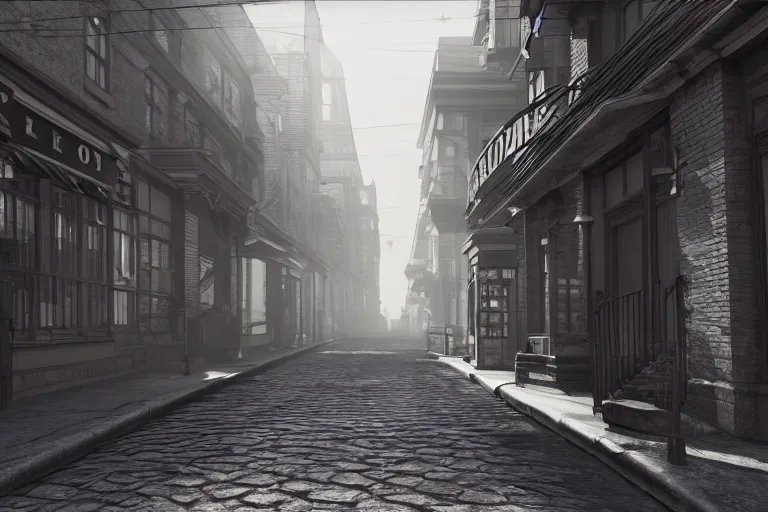 Prompt: still photo of a 1 9 0 0 s street, film noir, highly detailed, photorealistic portrait, bright studio setting, studio lighting, crisp quality and light reflections, unreal engine 5 quality render