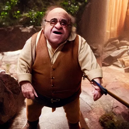 Prompt: movie still of danny devito starring as gimly in the 2 0 2 6 lord of the rings movie, full body