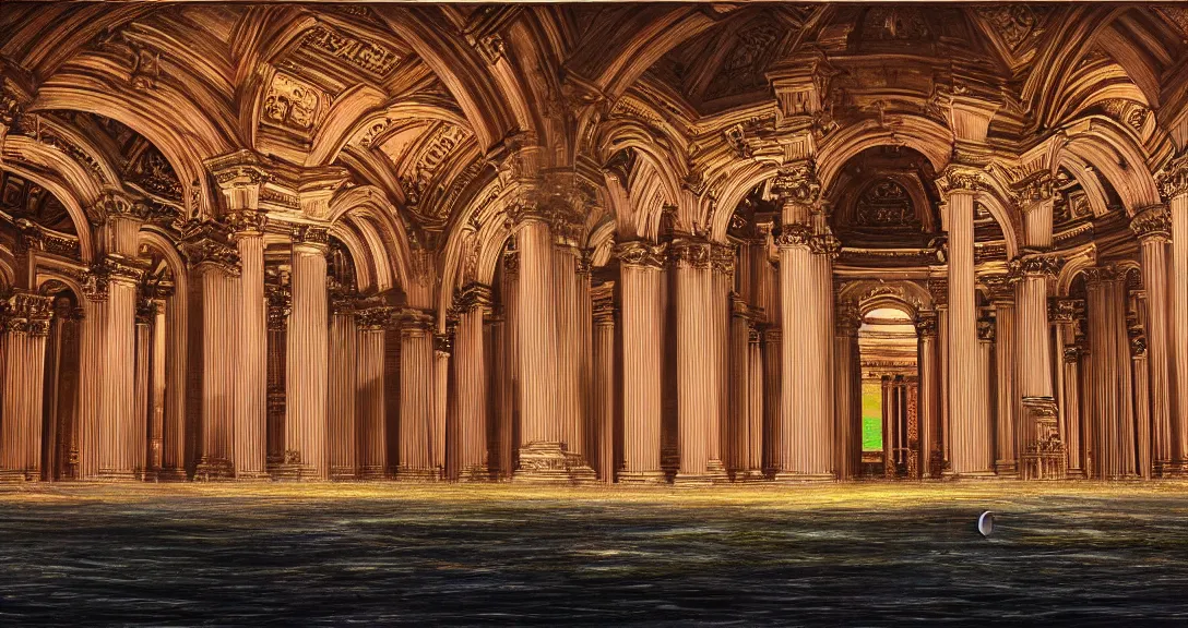 Prompt: the san francisco palace of fine arts beeing sucked by a black hole, photorrealistic painting