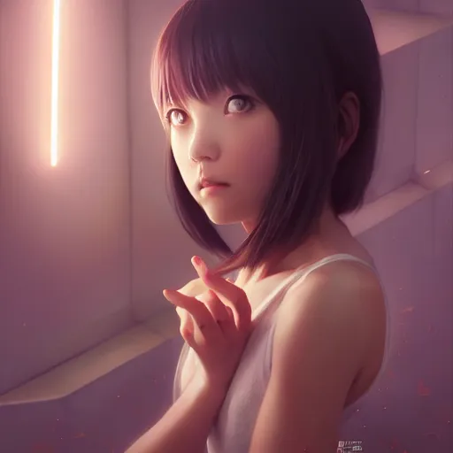 Image similar to very small little girl by ross tran, reaching into their reflection in the mirror by sana takeda, rtx reflections, very high intricate details, digital anime art by artgerm, medium shot, mid - shot, composition by ilya kuvshinov, lighting by greg rutkowski