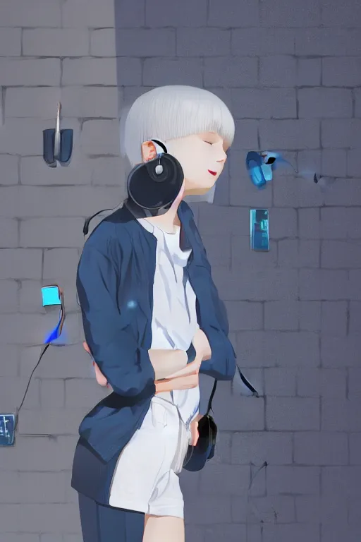 Prompt: a cute young woman leaning on a concrete wall while listening to music with her eyes closed and wearing headphones by Ilya Kuvshinov and Range Murata, white bob cut hair, blue filter, blue and white, soft lighting, atmospheric, cinematic atmosphere, moody, Krenz Cushart, digital painting, 8k