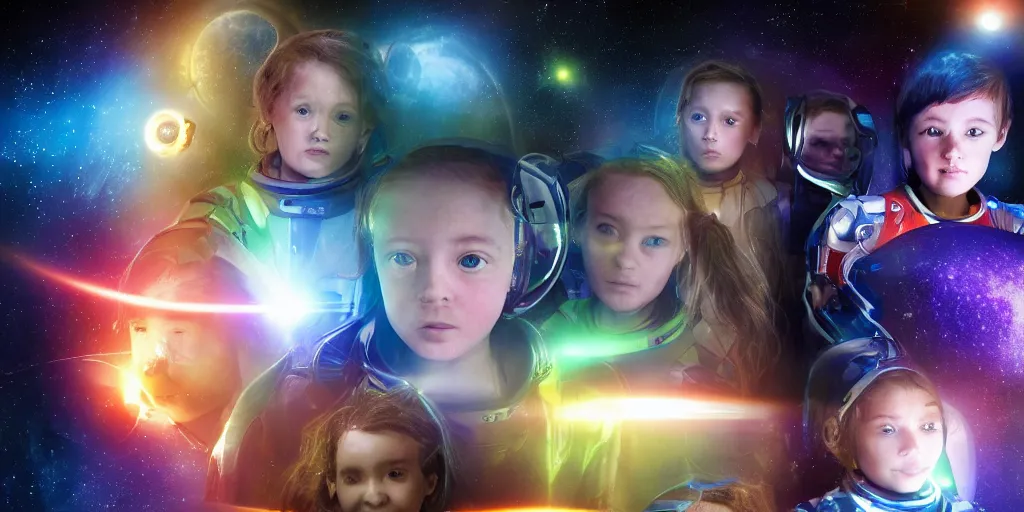 Prompt: futuristic children with rgb ambient lighting eye implants. the children wears spacesuits, and explores the cosmos rocket powered motorcycles. science fiction blockbuster movie teen nebulous or my robot ate my homework, dramatic lighting, interstellar film ( 2 0 1 4 )