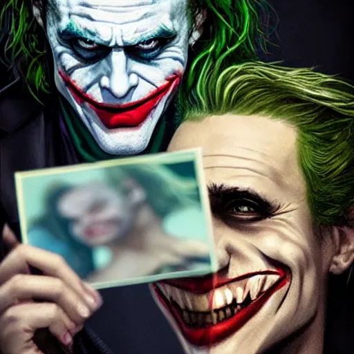 Image similar to the joker holding a printed photo of Margot Robbie, digital painting, amazing detail, artstation, cgsociety