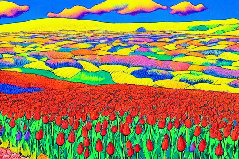 Image similar to a psychedelic painting of a tulip field with rolling hills, watercolour by wes wilson, victor moscoso, robert crumb, peter max, william finn, martin sharp