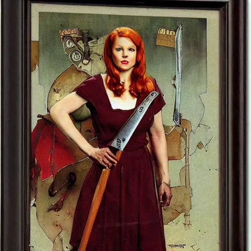 Prompt: female redhead templar, by norman rockwell