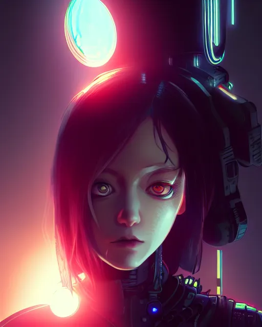 Image similar to a comic potrait of a cyberpunk cyborg girl with big and cute eyes, fine - face, realistic shaded perfect face, fine details. night setting. very anime style. realistic shaded lighting poster by ilya kuvshinov katsuhiro, unreal engine, global illumination, radiant light, detailed and intricate environment