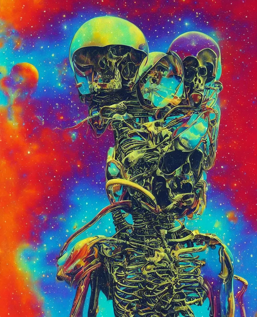 Prompt: a psychedelic cosmonaut skeleton tearing his suit off, rainbow melting color scheme, floating in the cosmos nebula, glass space helmet, Beksinski, Greg Hildebrandt, 8k highly detailed ❤️‍🔥 🔥 💀 🤖 🚀