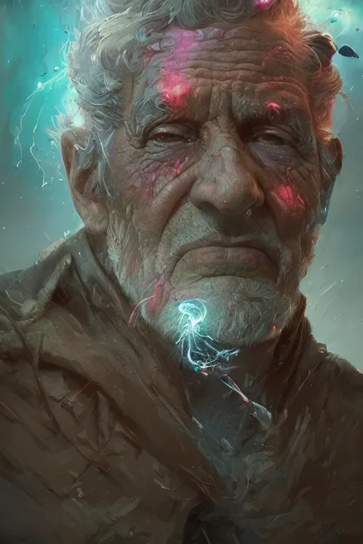 Image similar to the look of an elderly person full of wrinkles and imperfections, tornado by artgem and greg rutkowski, highly detailed, vivid colors, trippy, nebula, trending on artstation