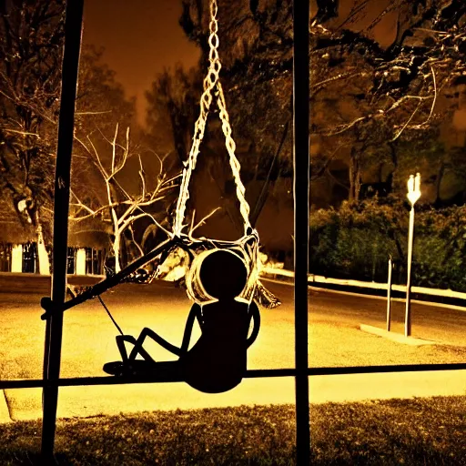 Image similar to a scary doll on a swing at a park, nighttime, real photo, realistic, hyper - realism, maximalist, horror movie, caution tape, illuminated by street lights, knife