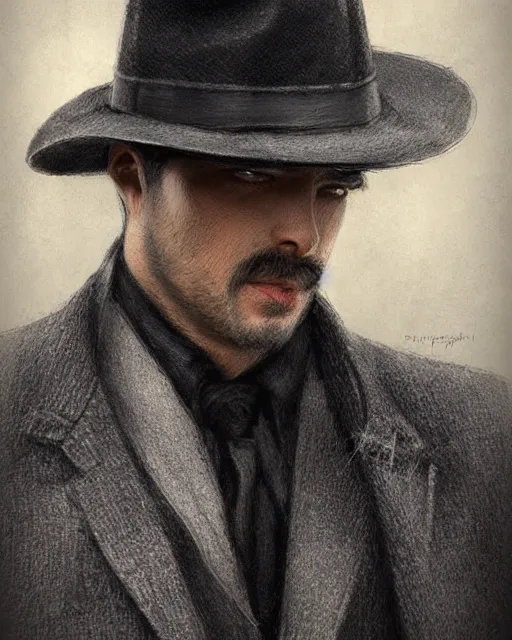 Image similar to portrait of a detective, zoomed in, noir, fedora, tweed coat, confident, handsome, heavy shading, vintage, high quality, centered, by artgerm, artstation, ( ( ( by ilya repin ) ) )