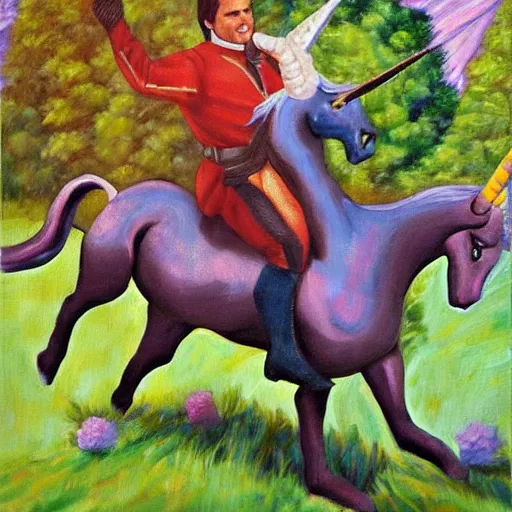 Prompt: wesley crusher riding a unicorn into battle impressionist oil painting fantasy 1 5