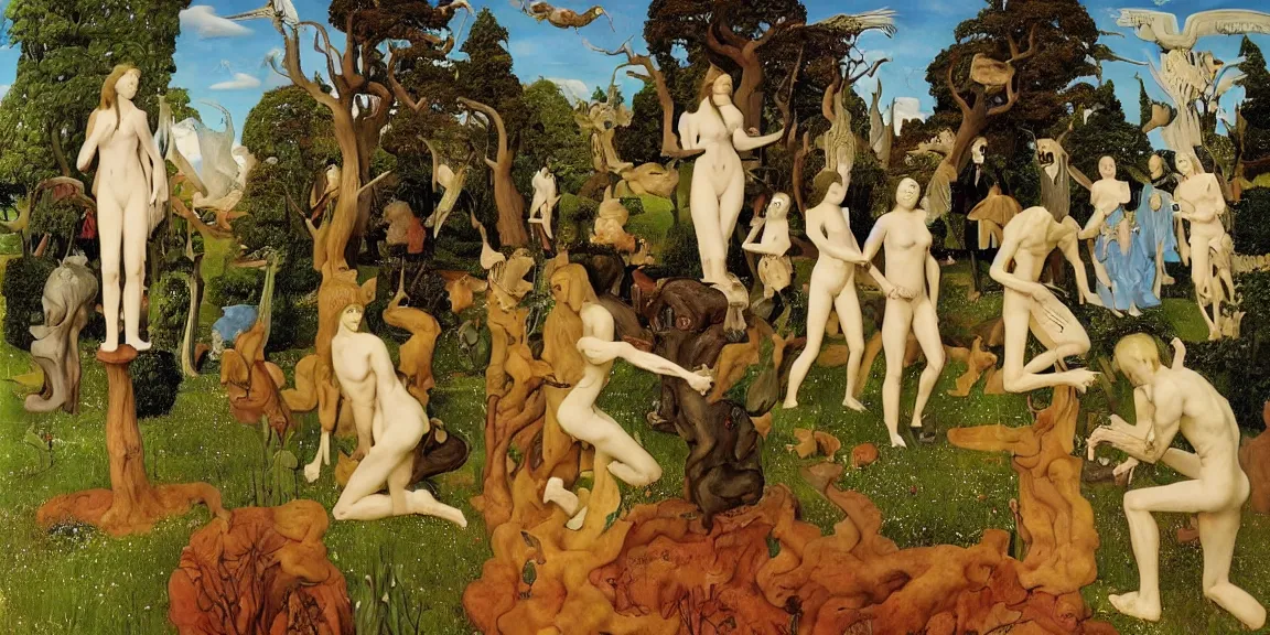 Image similar to garden of angels, mysterious, surreal, epic, lush, by hugo simberg, by jan van eyck, by frank frazetta