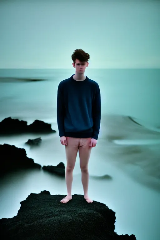 Image similar to high quality pastel coloured film mid angle docu photograph of a beautiful young 2 0 year old male, soft features, short black hair, extremely oversized!!! clothing!! next to icelandic black rock pool environment. atmospheric. three point light. photographic. art directed. ( pastel colours ). volumetric light. clearcoat. waves glitch. 8 k. filmic.