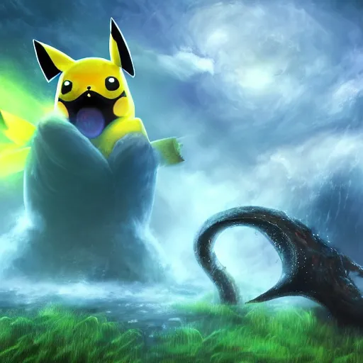 Image similar to pikachu and a demigorgon, digital art, eldritch, 8 k resolution, serene, fantasy