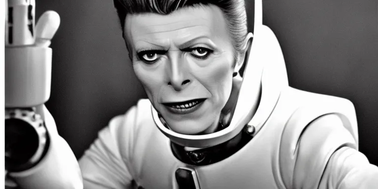 Prompt: photorealistic medium close shot cinematography of a david bowie in a cheesy 5 0's space suit acting as a man from outter space in a twilight zone episode that takes place in an art deco lab shot on film by the shining cinematographer john alcott on a cooke panchro 6 5 mm macro lens.
