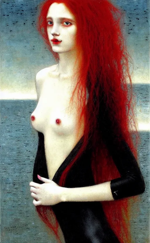 Prompt: portrait of a girl with long red hair in a black dress, under water, very beautiful style, girl wrapped in a leather salafan bag in black, photorealism, edgard maxence,