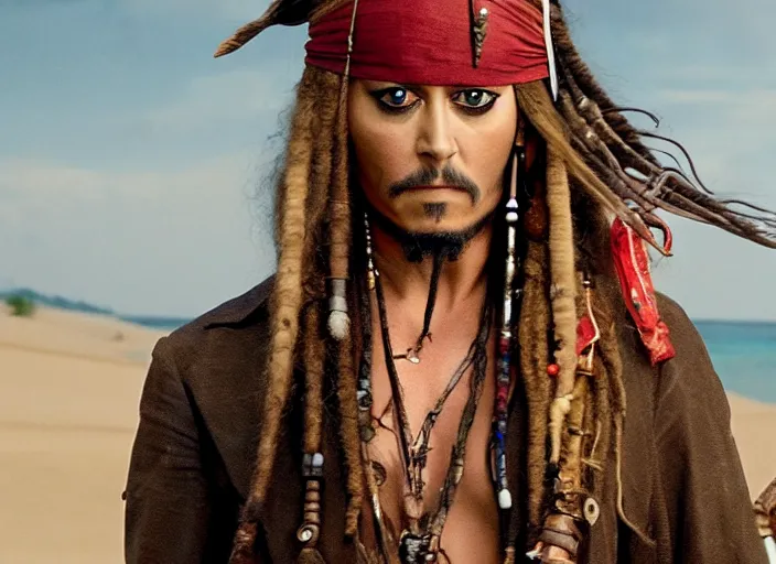 Prompt: film still of amber heard as captain jack sparrow on a desert island in the new pirates of the carribean movie, 4 k