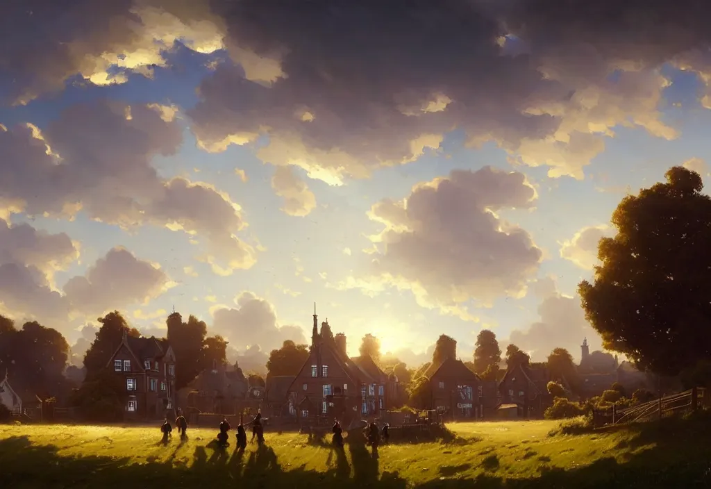 Image similar to a victorian town scene, houses and a field in the background, clear blue sky, cinematic view, epic sky, detailed, concept art, high angle, high detail well lit, volumetric, godrays, vivid, trending on artstation, by jordan grimmer, art greg rutkowski