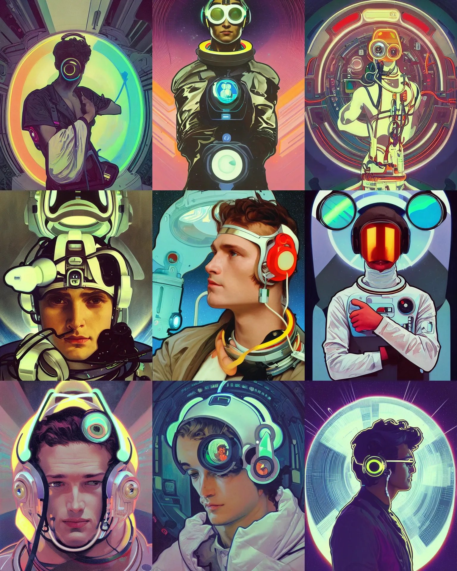 Prompt: future coder man looking on, sleek cyclops display over eyes and sleek bright headphoneset, neon accent lights, desaturated headshot portrait painting by alphonse mucha, dean cornwall, rhads, tom whalen, donoto giancola, astronaut cyberpunk electric fashion photography