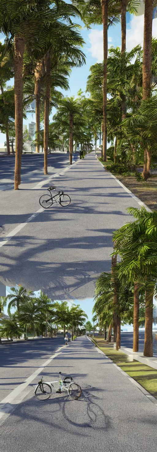 Image similar to depth of field 3 d render of sidewalk with bike path, palm trees, accessible for the disabled, by professional photographer, 8 k resolution, photo, high quality