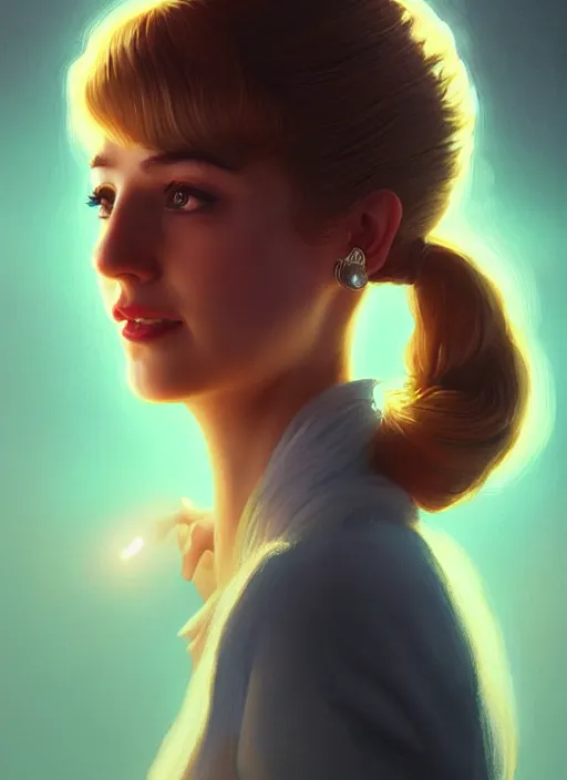 Image similar to portrait of betty cooper with fluffy bangs, bangs, 1 9 6 0 s, ponytail, curly bangs and ponytail, rounder face, intricate, elegant, glowing lights, highly detailed, digital painting, artstation, concept art, smooth, sharp focus, illustration, art by wlop, mars ravelo and greg rutkowski