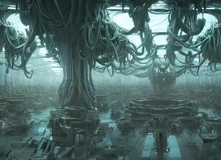 Prompt: an organic xenomorphic alien queen hive in a massive warehouse, twisting organic tendrils, haze, highly detailed hyper real retro interior high ceilings, retro futuristic, volumetric interior lighting, artstation, unreal engine render 8 k greg rutkowski