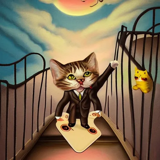 Image similar to Extremely cute and adorable 8k HD key visual of a cat skateboarding on a ramp at sunset, official media, lowbrow painting by Mark Ryden. The art style is quite chibi, with large heads and big wide eyes. 3D render diorama Macro photography