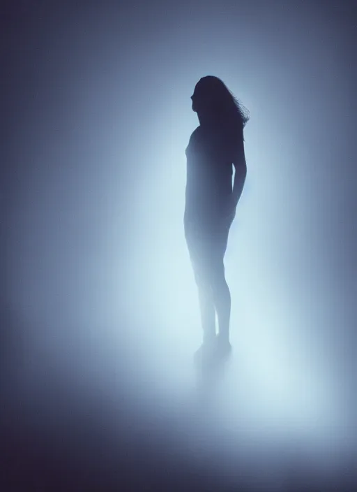 Image similar to a detailed dark female silhouette, bright glowing translucent aura, fog, film grain, cinematic lighting