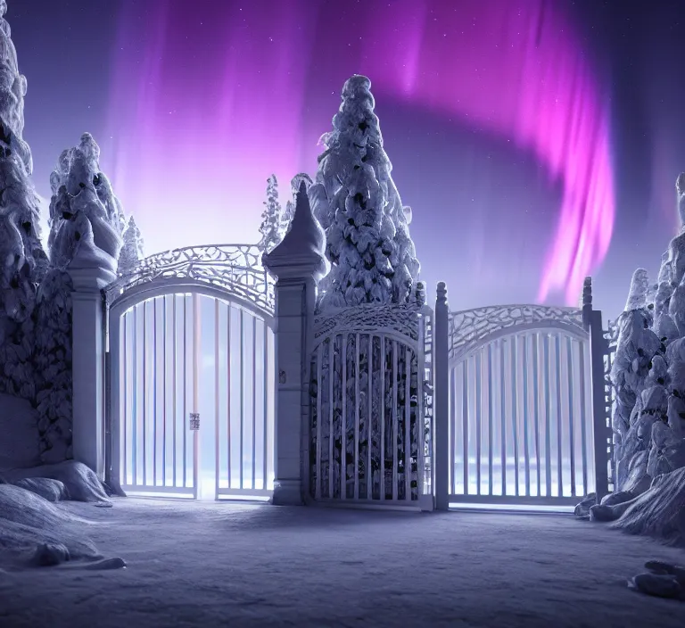 Image similar to a very detailed concept art of intricate and scandinavian white gates to aurora borealis, trending on artstation, symmetry, digital art, 4 k, hyper realistic, octane render, sharp focus