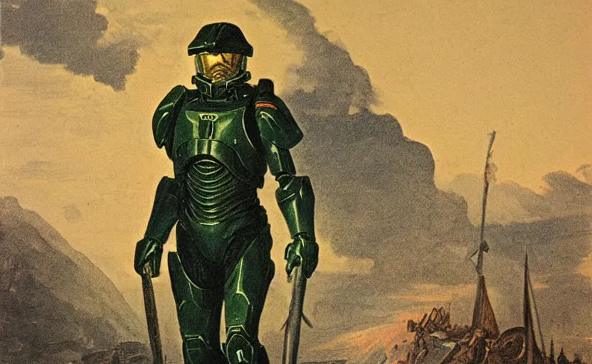 Image similar to color lithograph of master chief by adolphe millot