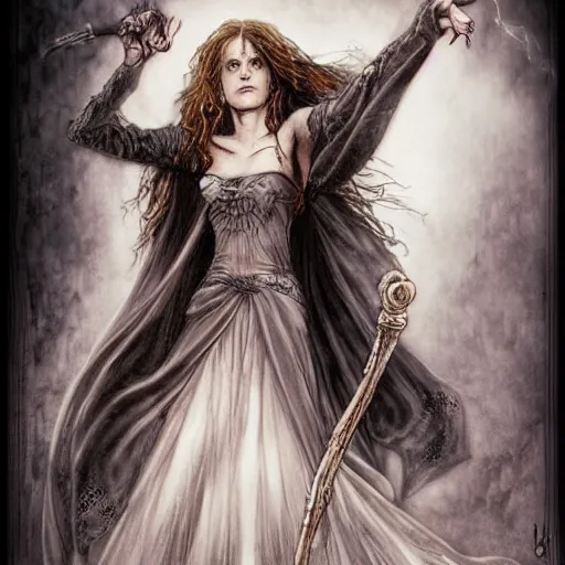 Prompt: dressed Hermione in tattoos conjuring with a magic wand, by luis royo, beautiful gown, beautiful eyes, Beautiful face, high detail, high resolution