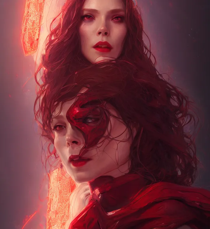 Image similar to Scarlet Witch, portrait, full body, hyper detailed, digital art, trending in artstation, cinematic lighting, studio quality, smooth render, unreal engine 5 rendered, octane rendered, art style by klimt and nixeu and ian sprigger and wlop and krenz cushart