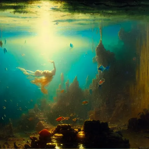 Image similar to i am at the bottom of the ocean looking up, see fishes swimming, see the milk way up above through the water, night time, midnight. highly detailed painting by gaston bussiere, greg rutkowski 8 k