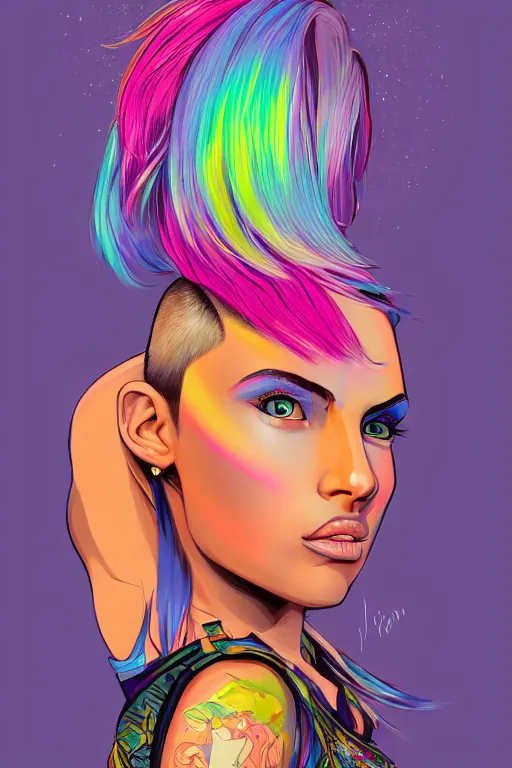 Image similar to a award winning half body portrait of a beautiful woman with stunning eyes in a printed croptop and cargo pants with rainbow colored ombre hairstyle head in motion and hair flying by josan gonzales, outrun, vaporware, shaded flat illustration, digital art, trending on artstation, highly detailed, fine detail, intricate