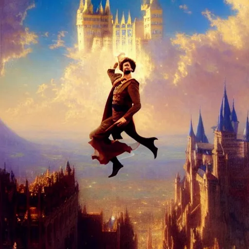 Prompt: stunning male master wizard magically levitating a huge castle in the air, highly detailed painting by gaston bussiere, craig mullins, j. c. leyendecker, 8 k