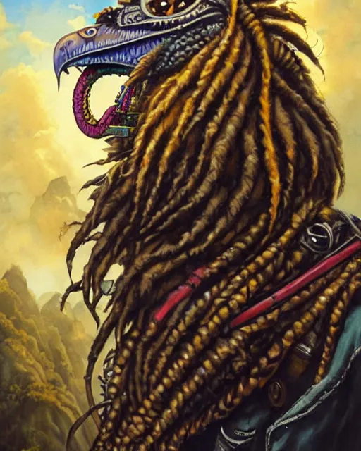 Prompt: rastafarian lizard man with eagle wings and a lion's mane, he weilds a steampunk crossbow and smokes a long large spliff cigar. smug boss face. wild eyes. noble bearing. award winning ornate symmetry matte portrait, artgerm, rhads watercolor, fierce sweet sad and lyrical